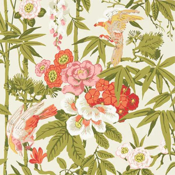 Sanderson Wallpaper Bamboo & Bird Mandarin Red/Olive 217128