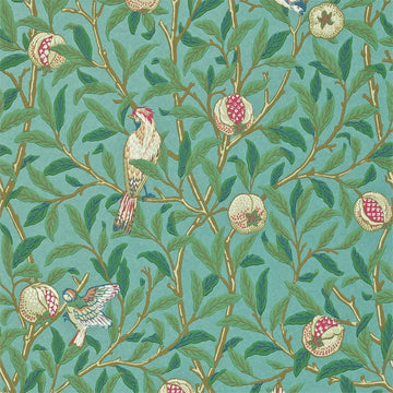 Morris & Co Wallpaper Bird & Pomegranate Turquoise/Coral 216820